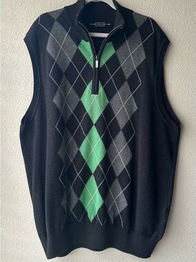Carnoustie Men’s Half-Zip Argyle Sweater Vest - Black with Green & Gray